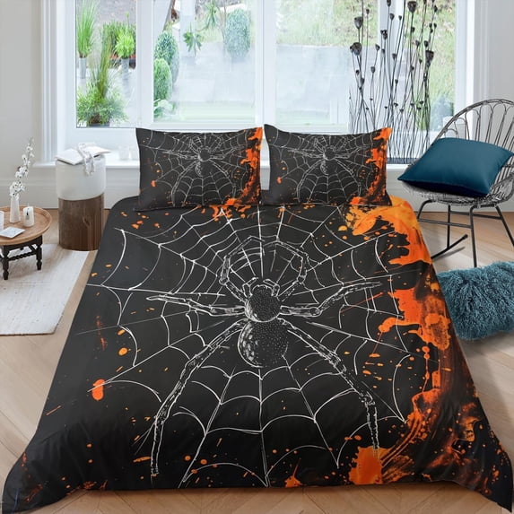 Gothic Spider Duvet Cover Tarantula Print Comforter Cover White Cobweb Duvet Cover Set Teens Black Spider Pattern Bedding Set Breathable Durable Soft