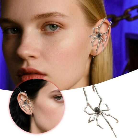 Gothic Spider Earrings for Women - Vintage Crawling Spider Ear with Bone Clips - Punk Halloween Jewelry for Witch Vampire - Cool Dark Alloy Party Accessories