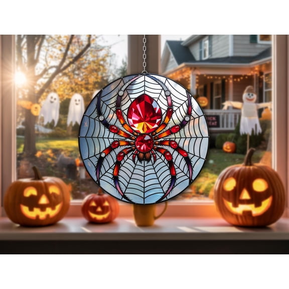 Gothic Spider Suncatcher – Halloween Red Gem Spider Web Window Hanging, Spooky Creepy Cute Wavy Acrylic Decor, Gothic Fall Gift