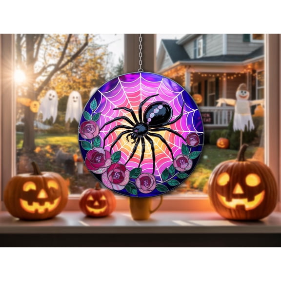 Gothic Spider Suncatcher , Halloween Red Gem Spider Web Window Hanging , Spooky Creepy Cute Wavy Acrylic Decor, Gothic Fall Gift