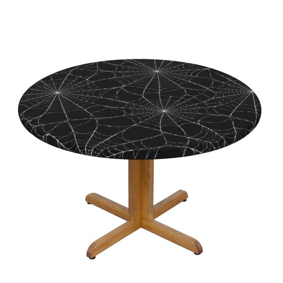 Gothic Spider Web Black White Fitted Round Tablecloth 90cm with Elastic Edge, Waterproof Table Cover Furniture Protector for Patio, Dining Room Restaurant