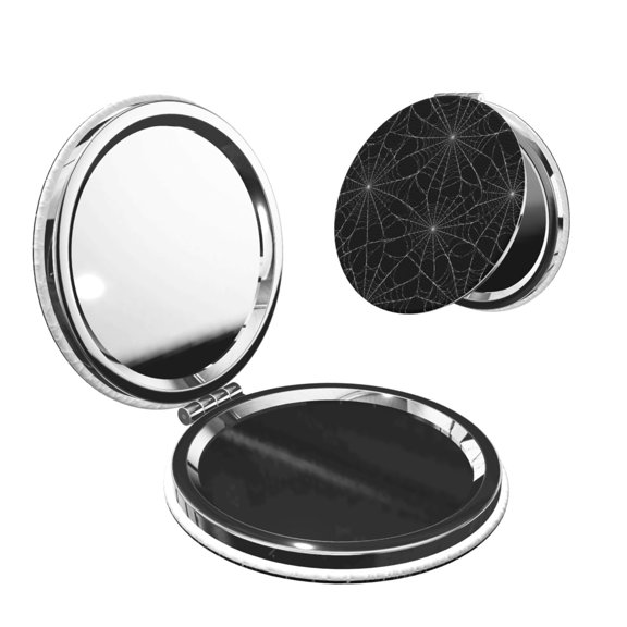 Gothic Spider Web Black White Portable Double-Sided Face Mirror Round Shape, Magnifying Compact Pocket Mirror with PU Leather Cover