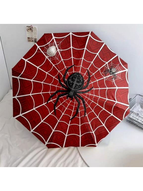 Gothic Spider Web Red Print Automatic Folding Umbrella, Portable 8-Rib Windproof Rain Umbrella for Outdoor, Travel, and Daily Use