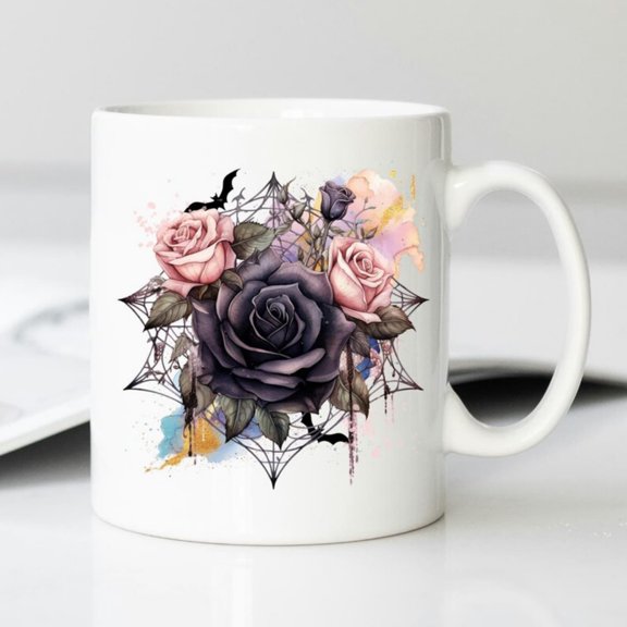 Gothic Spider Web & Rose Mug Unique Ceramic Coffee Cup.jpg