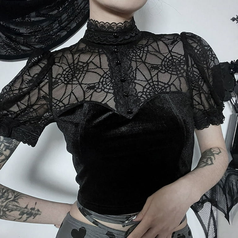 Gothic Spider Web T-shirt Women Streetwear Coquette Cyberpunk Mesh  Patchwork Short Sleeve Croset Crop Tee Top Femme 