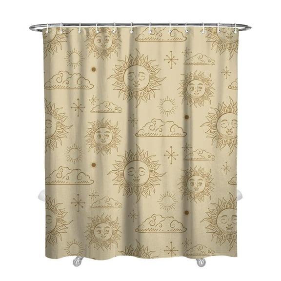 Gothic Spiritual Shower Curtain, Astrology Celestial Design with Golden Stars, Moon and Sun Pattern, Aesthetic Witchy Fabric, 72x84 Waterproof with Hooks for Bathroom