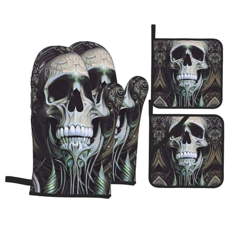 Gothic Spooky Dead Skull Face Oven Mitts And Pot Holders Sets Baking Sets For Kitchen Bbq Gloves Heat Resistant Cooking Halloween Art 4 Pcs