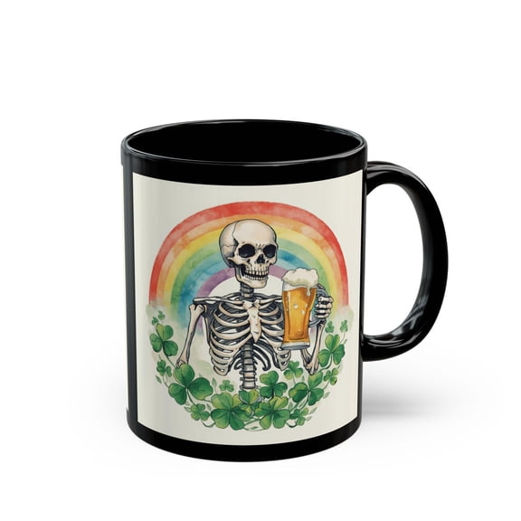 Gothic St. Patrick's Day Skeleton Beer Mug Black 11oz Coffee Mug, Skeleton Coffee Cup, St. Paddy's Day Mug, Rainbow Shamrock Mug