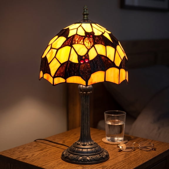 Gothic Stained Glass Black Bat Table Lamp, 14.3" Handmade Halloween Resin Accent Lamp with Vintage Carved Base, Warm Glow Bat Pattern Gothic Desk Light for Bedroom Living Room Home & Office Decor