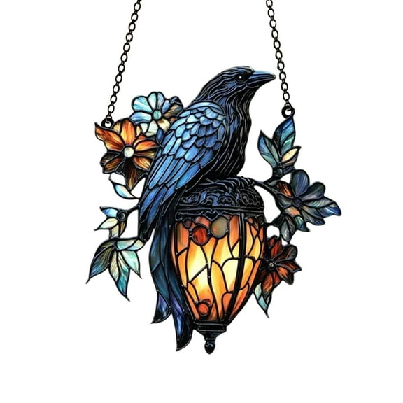 Gothic Stained Glass Suncatcher – Hanging Crow on Lantern Ornament for Window, Wall, or Shelf Display – 2D Art Glass Decoration for Gothic Home & Gift Décor