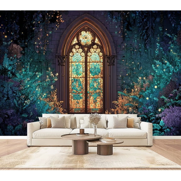 Gothic Stained Glass Window Glowing Teal whimsical Mystical Garden Peel and Stick Wall Murals 100"H x 144"W Removable PVC Wallpaper Self-Adhesive Wall Paintings for Bedroom Living Room