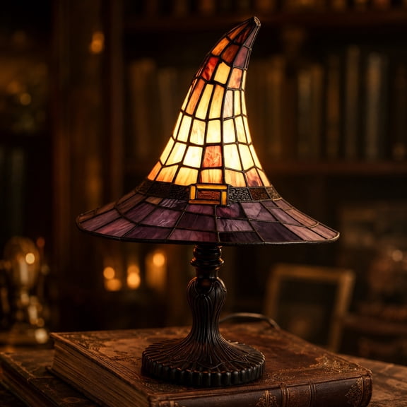 Gothic Stained Glass Witch Hat Table Lamp - Handcrafted Resin Light, USB Powered Retro Night Lamp, Halloween Home Decor Accent for Bedroom, Shelf & Desk