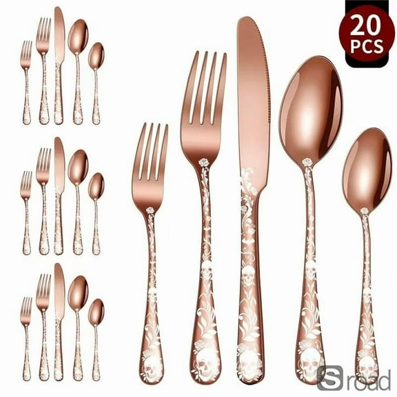 Gothic Stainless Steel Cutlery Set, 20-Piece Skull Pattern Flatware Tableware For Halloween Party, Gothic Dinnerware Set For Halloween Theme Dinner, Western Style Silverware,C