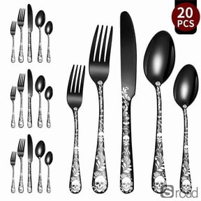 Gothic Stainless Steel Cutlery Set, 20-Piece Skull Pattern Flatware Tableware For Halloween Party, Gothic Dinnerware Set For Halloween Theme Dinner, Western Style Silverware,E