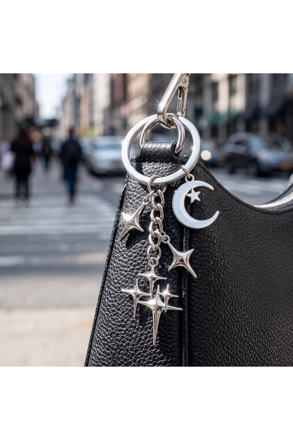 Gothic Star Keychain Crescent Moon Pendant Key Ring Alloy Jewelry Accessory, Four Pointed Star Charm for Women Girls Bags Car Keys Wallet Decor, Trendy Couple Gift for Birthday Halloween Christmas