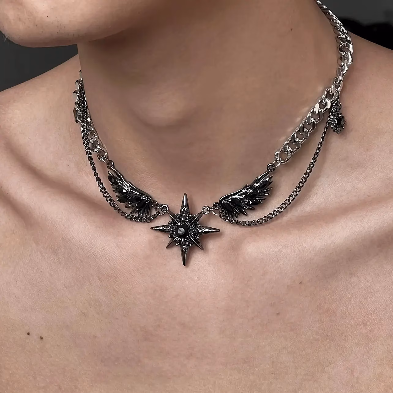 Gothic Star Necklace, Creative Punk Star Wing Pendant, Heavy Metal Men's Jewelry for Concerts & Parties, Avant-Garde Alternative Fashion