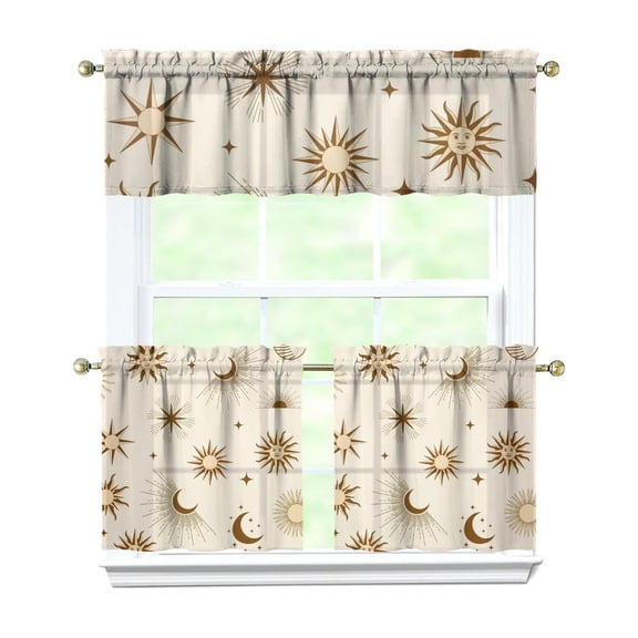 Gothic Star Print Kitchen Curtains 3-Piece Set - Celestial Sun Moon Astrology Tier Curtains with Valance, Mystical Semi-Sheer Rod Pocket Panels for Small Windows