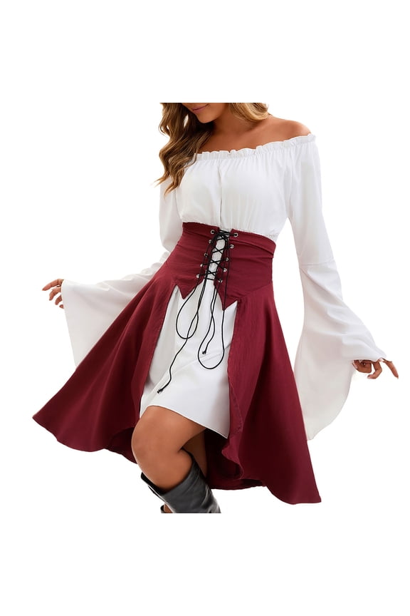 Gothic Steampunk Corset Skirts Womens High Waist Lace-Up Strappy Victorian Renaissance Pirate Skirt Red, L