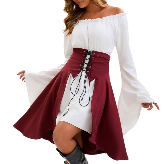 Gothic Steampunk Corset Skirts Womens High Waist Lace-Up Strappy Victorian Renaissance Pirate Skirt Red, S