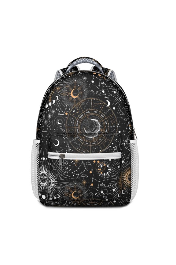 Gothic Steampunk School Backpack – Celestial Moon, Stars & Cosmic Solar Eclipse with Astral Map and Mystical Night Design