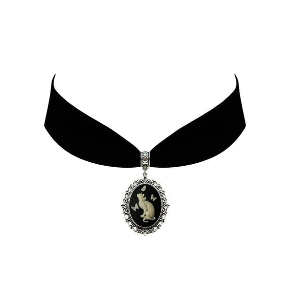 Gothic Steampunk Victorian Pendant Cat Butterfly Cameo Jewelry on Black Velvet Choker