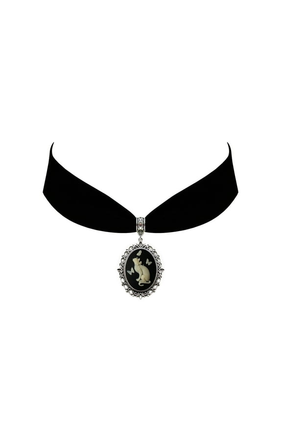 Gothic Steampunk Victorian Pendant Cat Butterfly Cameo Jewelry on Black Velvet Choker