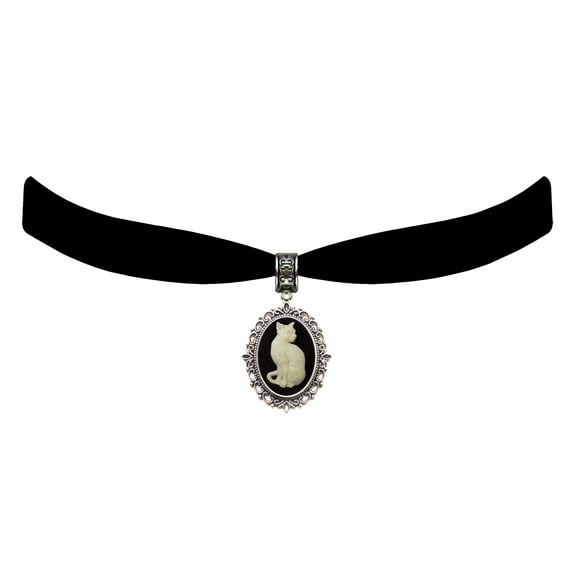 Gothic Steampunk Victorian Pendant Cat Cameo Jewelry on Black Velvet Choker