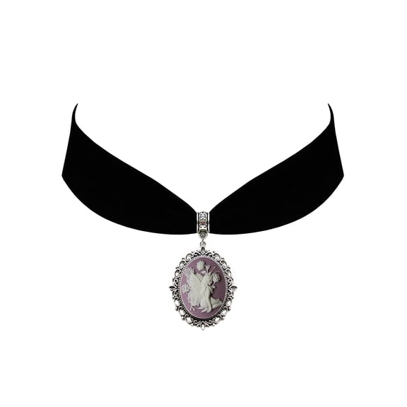 Gothic Steampunk Victorian Pendant Fairy Angel Cameo Jewelry on Black Velvet Choker