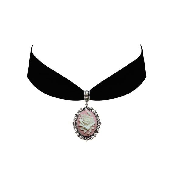 Gothic Steampunk Victorian Pendant Rose Flower Cameo Jewelry on Black Velvet Choker