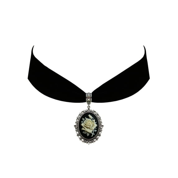 Gothic Steampunk Victorian Pendant Rose Flower Cameo Jewelry on Black Velvet Choker