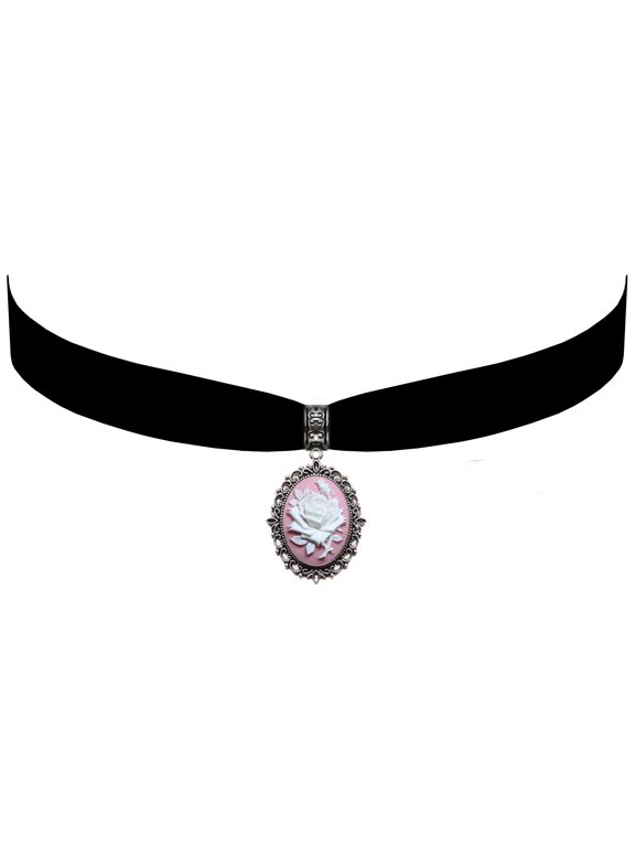 Gothic Steampunk Victorian Pendant Rose Flower Cameo Jewelry on Black Velvet Choker