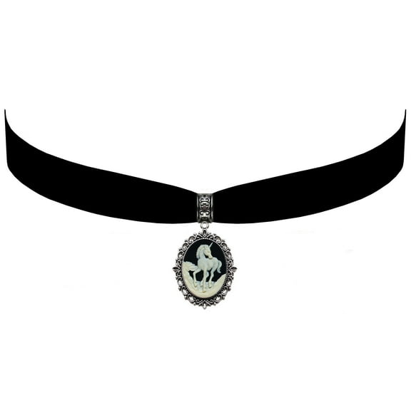 Gothic Steampunk Victorian Pendant Unicorn Cameo Jewelry on Black Velvet Choker