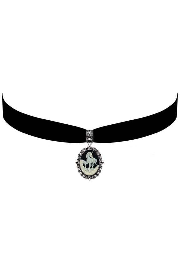 Gothic Steampunk Victorian Pendant Unicorn Cameo Jewelry on Black Velvet Choker