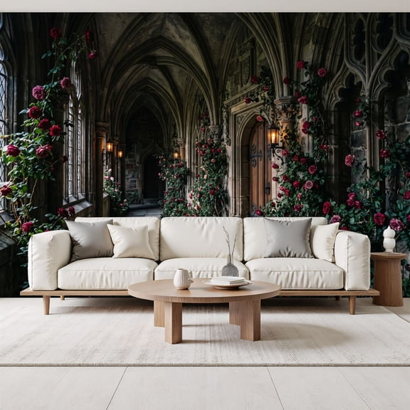 Gothic Stone Corridor Climbing Red Roses Vintage Lanterns Peel and Stick Wall Murals 69"H x 96"W Removable PVC Wallpaper Self-Adhesive Wall Paintings for Bedroom Living Room