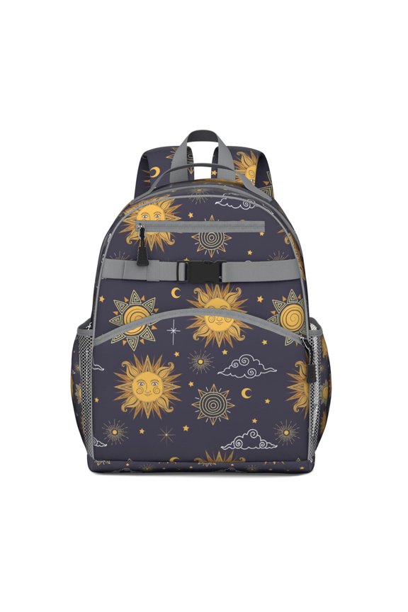Gothic Students Backpack with Cosmic Astrology Sun, Moon, and Star Print, Mystical Golden Celestial Design, Water-resistant and Spacious for Toddlers and School