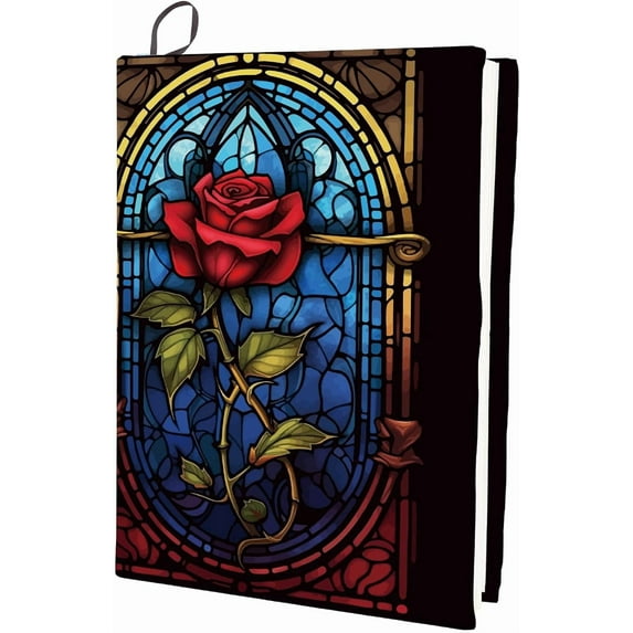 Gothic Style Book Cover Coloured Glass Rose Durable Study Accessory Stretchable Elastic Notebook Polyester Sleeve Protector Reusable Washable for Paperback Softcover Hardcover Suitable 7x10