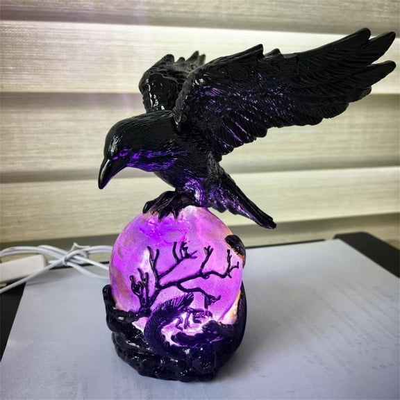 Gothic Style Crow LED Light Sculpture, Mysterious Crow on Glowing Crystal, Spooky Crow LED Lamp for Home Decor and Display