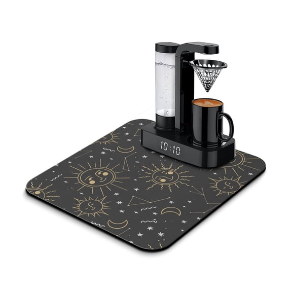 Gothic Style Dish Drying Mat, Absorbent Coffee Bar Mat with Dark Steampunk & Lunar Eclipse Patterns, Leak-Proof Non-Slip Kitchen Counter Mat