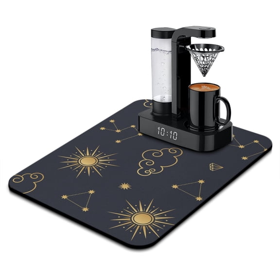 Gothic Style Dish Drying Mat, Absorbent Coffee Bar Mat with Dark Steampunk & Lunar Eclipse Patterns, Leak-Proof Non-Slip Kitchen Counter Mat