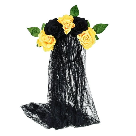 Gothic Style Flower Garland Veils Hairband, Vivid Rose Flowers And Mesh Veil Design, Perfect For Wedding Party Masquerade Headwear Accessory