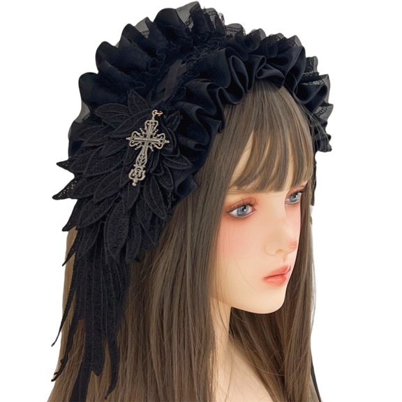 Gothic Style Hair Ornament With Delicate Lace Embroidery And Edgy Crosses Pendant Gothic Lace Hair Band For Costume Wear