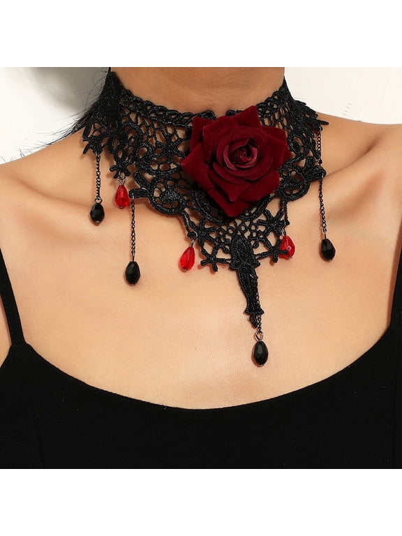 Gothic Style Lace Choker Necklace Rose Design Dark Lolita Rose Necklace Party Accessory Decor Gift For Female
