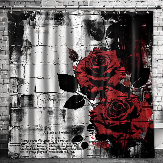 Gothic Style Red Rose Shower Curtain Black and White Design Vintage