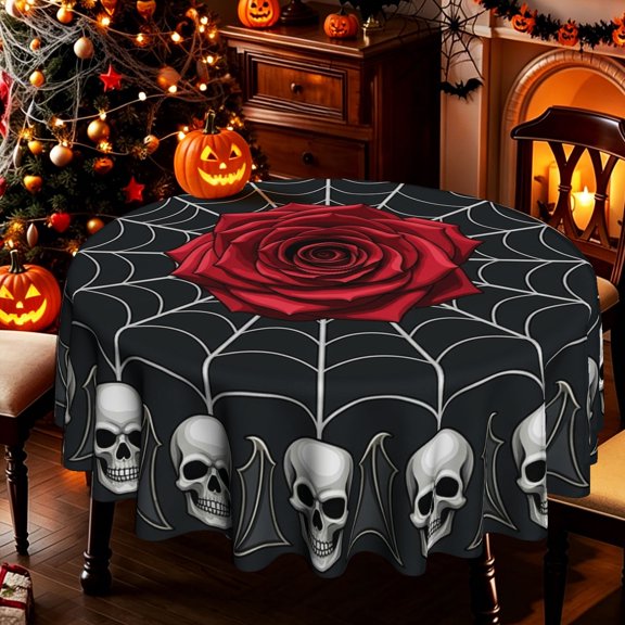 Gothic Style Red Rose Skull Bat Spider Web Pattern 2D Print Round Tablecloth, Decorative Table Cover for Kitchen Dining Room Outdoor Patio, Halloween Dark Aesthetic Decor