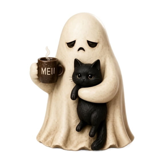 Gothic Style Resin Statue, Sad Ghost Embracing Black Cat with Coffee Mug Design, Decorative Figurine for Table, Shelf and Mantel Display