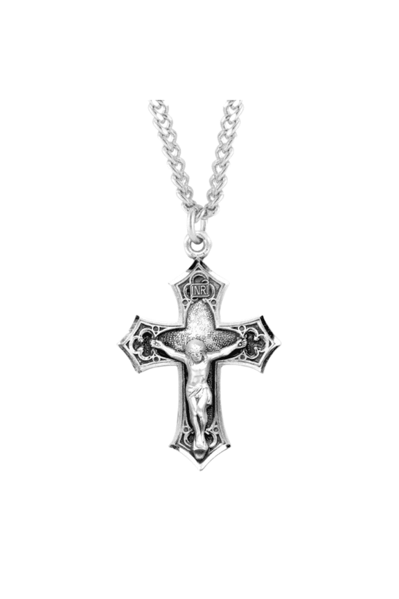 Gothic Style Sterling Silver Crucifix, 1-1/2" Antique Finish, 24" Endless Rhodium Plated Stainless Steel Chain, Made in USA- Deluxe Velvet Gift Box Included
