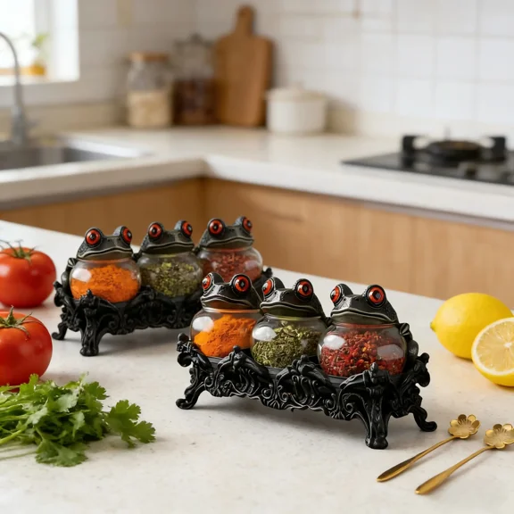 Gothic Style Witch Frog Jar,Not Screw-Off Frog Lid, Spices Herbs Storage, Spice Jars, Canister, Wooden Lidded Glass Sugar Salt and Pepper Shakers Set Kitchenware Seasoning