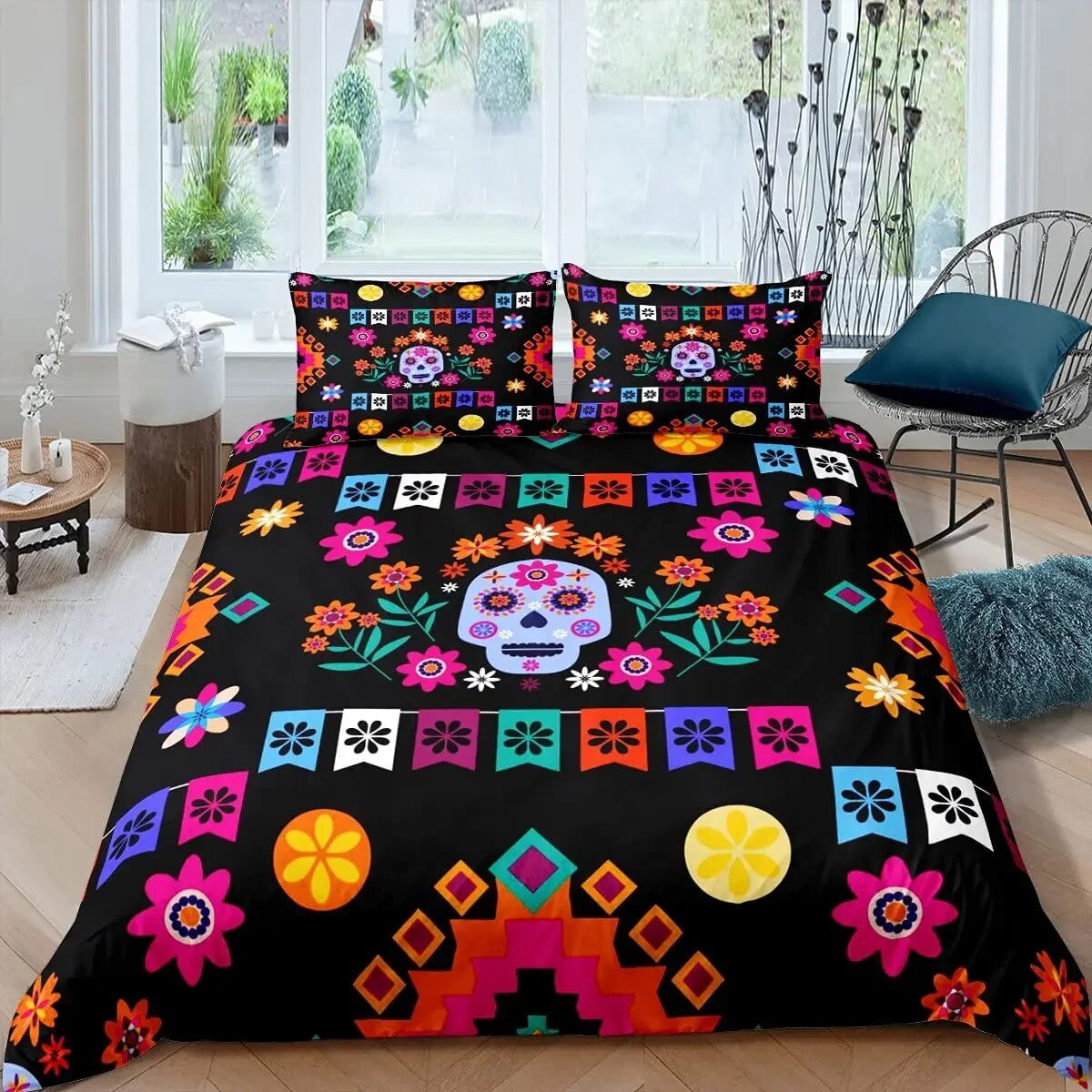Sugar Skull Girly Skeleton Floral Pattern Print Duvet Cover Bedding Set