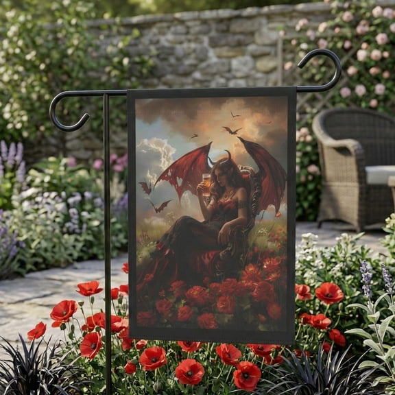 Gothic Summer Garden Flag with Demon Woman amp Roses Dark Fantasy Yard Decor Witchy Outdoo