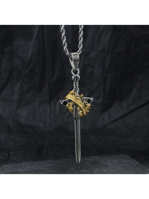 Gothic Sword Cross Crown Pendant Necklace for Men, Trendy Punk Creative Sword Charm Neck Chain, Fashion Streetwear Layering Jewelry Accessory